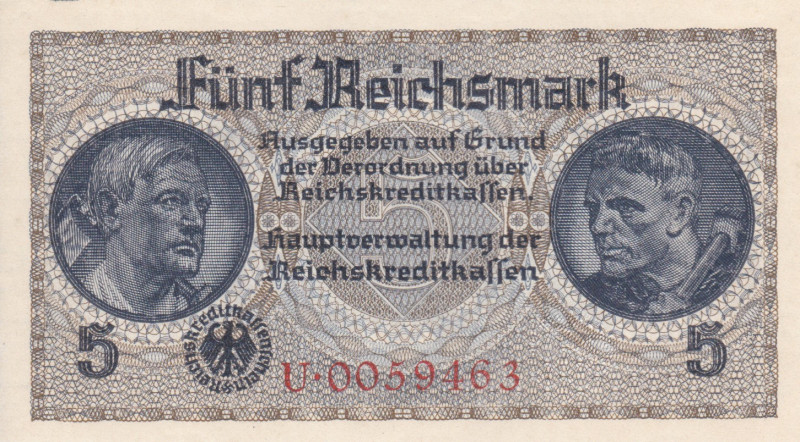 Germany 5 Reichsmark 1940

P-R138a; #U*0059463; Occupation Territories WWII; W...