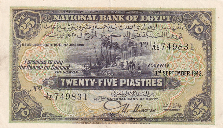 Egypt 25 Piastres 1942

P-10c; # L/69 749831; XF+