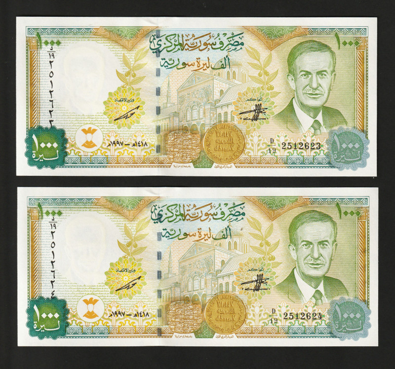 Syria 1.000 Pounds 1997 (Consecutive Pair)

P-111; # D/19 2512623/24; UNC