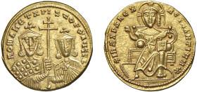 COSTANTINOPOLI - ROMANO I ed il figlio CRISTOFORO (921-927) - Solido
Oro - 4,33 gr.
Dritto: Busti frontali di Romano e il figlio che sorreggono una ...