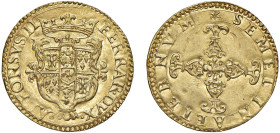 FERRARA - ALFONSO II D'ESTE (1559-1597) - Scudo d'oro del sole, s.d.
Oro - 3,31 gr.
Dritto: Stemma coronato e ornato, nella parte superiore, da due ...