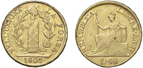 GENOVA - REPUBBLICA LIGURE (1798-1805) - 48 lire 1801, an. IV
Oro - 12,51 gr.
Dritto: Liguria turrita, seduta a sinistra, con asta e scudo. - Rovesc...