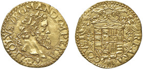 NAPOLI - CARLO V (1516-1556) - Ducato, sigla IBR
Oro - 3,39 gr.
Dritto: testa laureata a destra. - Rovescio: Scudo coronato caricato da aquila bicip...