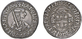 SAVOIA - CARLO I (1482-1490) - Testone, I° tipo, Cornavin
Argento - 9,55 gr.
Dritto: Busto del duca a destra con profilo giovanile, con berretto e s...