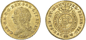 SAVOIA - CARLO EMANUELE III - secondo periodo (1755-1773) - 1/2 doppia 1760, Torino
Oro - 4,81 gr.
Dritto: Testa nuda a sinistra. - Rovescio: Scudo ...
