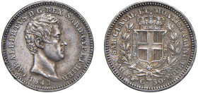 SAVOIA - CARLO ALBERTO (1831-1849) - 50 centesimi 1843, Genova
Argento - 2,48 gr.
Dritto: testa nuda a destra, nel taglio del collo F. (Giuseppe Fer...