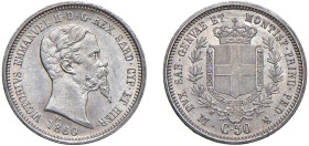 SAVOIA - VITTORIO EMANUELE II, Re di Sardegna (1849-1861) - 50 centesimi 1860, Milano
Argento - 2,50 gr.
Dritto: testa nuda a destra, sotto al collo...