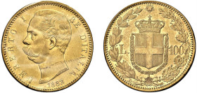 SAVOIA - UMBERTO I (1878-1900) - 100 lire 1882
Oro - n.d.
Dritto: testa nuda a sinistra, nel taglio del collo SPERANZA (Filippo Speranza, incisore)....