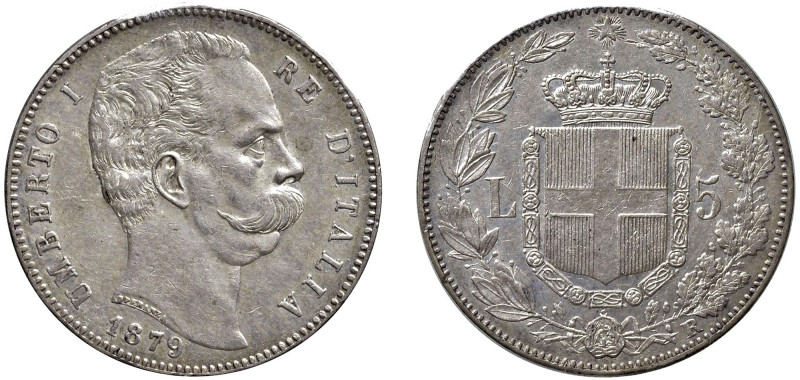 SAVOIA - UMBERTO I (1878-1900) - 5 lire 1879
Argento - n.d.
Dritto: Testa nuda...