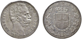 SAVOIA - UMBERTO I (1878-1900) - 5 lire 1879
Argento - n.d.
Dritto: Testa nuda a destra, nel taglio del collo SPERANZA (Filippo Speranza, incisore)....