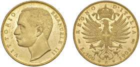 SAVOIA - VITTORIO EMANUELE III (1900-1943) - 100 lire 1905
Oro - 32,22 gr.
Dritto: Testa nuda a sinistra, in basso SPERANZA - Rovescio: Aquila spieg...