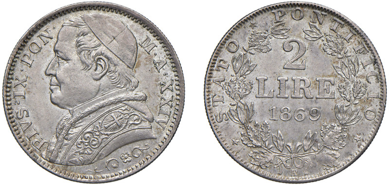 PAPALI - PIO IX, Giovanni Maria Mastai-Ferretti (1815-1847) - 2 lire 1869, an. X...