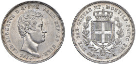 SAVOIA - CARLO ALBERTO (1831-1849) - 2 lire 1836, Torino
Argento - Peso 10,02 gr.
Dritto: Testa nuda a destra, nel taglio del collo F. (Giuseppe Fer...