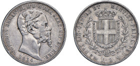 SAVOIA - VITTORIO EMANUELE II, Re di Sardegna (1849-1861) - 2 lire 1854, Genova
Argento - Peso 9,87 gr.
Dritto: Testa nuda a destra, sotto il collo ...
