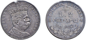 SAVOIA - UMBERTO I, Colonia Eritrea (1890-1896) - 2 lire 1890
Argento - n.d.
Dritto: Semibusto coronato in uniforme a destra, in basso sotto la figu...