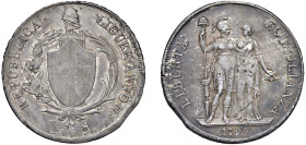 GENOVA - REPUBBLICA LIGURE (1798-1805) - 8 lire 1799, an. II
Argento - 33,07 gr.
Dritto: Stemma di Genova, su fascio sormontato da pileo, tra un ram...