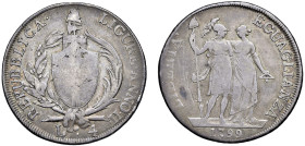 GENOVA - REPUBBLICA LIGURE (1798-1805) - 4 lire 1799, an. II
Argento - 16,33 gr.
Dritto: Stemma di Genova, su fascio sormontato da pileo, tra un ram...