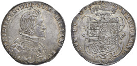 MILANO - FILIPPO IV (1621-1655) - Filippo 1657
Argento - 27,82 gr.
Dritto: Testa nuda, busto corazzato a destra, con manto annodato e spallaccio con...