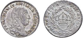 NAPOLI - FERDINANDO IV (1759-1816) - 20 grana 1798, III tipo.
Argento - 4,62 gr.
Dritto: Busto a destra, in basso P. - Rovescio: Corona reale entro ...