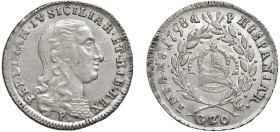 NAPOLI - FERDINANDO IV (1759-1816) - 20 grana 1798, III tipo
Argento - 4,58 gr.
Dritto: Busto a destra, in basso P. - Rovescio: Corona reale entro d...