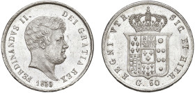 NAPOLI - FERDINANDO II (1830-1859) - 60 grana 1859, IV tipo
Argento - 13,76 gr.
Dritto: Testa nuda e barbuta a destra. - Rovescio: Stemma coronato....