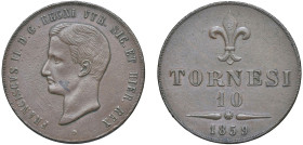 NAPOLI - FRANCESCO II (1859-1860) - 10 tornesi 1859, Roma
Rame - 31,26 gr.
Dritto: Testa nuda a sinistra. - Rovescio: Giglio.
Gigante 4b Raro
Macc...