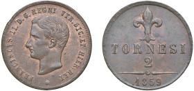 NAPOLI - FRANCESCO II (1859-1860) - 2 tornesi 1859
Rame - 5,58 gr.
Dritto: Testa nuda a sinistra. - Rovescio: Giglio.
Gigante 6
Lievi debolezze di...