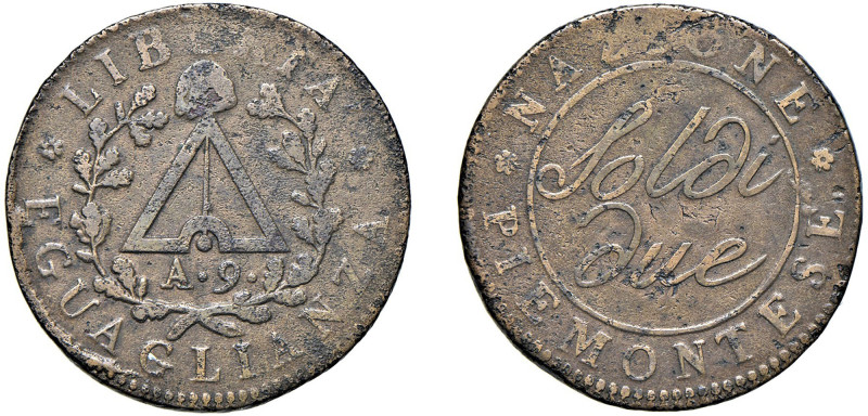 TORINO - REPUBBLICA PIEMONTESE (1798-1799) - 2 soldi, an. 9
Rame - 10,90 gr.
D...
