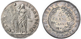 TORINO - REPUBBLICA SUBALPINA (1800-1802) - 5 franchi, an. 10
Argento - 24,91 gr.
Dritto: Due figure allegoriche, in basso a sinistra LAVY. - Rovesc...