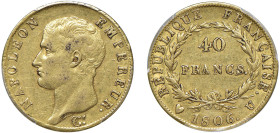 TORINO - NAPOLEONE I, Imperatore (1804-1814) - 40 franchi 1806
Oro - n.d.
Dritto: Testa nuda a sinistra. - Rovescio: Iscrizione tra rami di lauro le...
