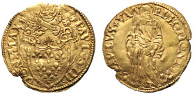 PAOLO III, Alessandro Farnese (1534-1549) - Scudo d'oro.
Oro - 3,37 gr.
Dritto: Stemma con cimasa a palmetta, sormontato da triregno e chiavi decuss...