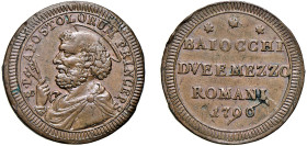 PIO VI, Giovanni Angelo Braschi, (1775-1799) - Sampietrino da 2 e 1/2 Baiocchi 1796, Roma
Rame - 18,49 gr.
Dritto: Busto dell'Apostolo Pietro a sini...