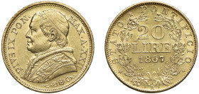 PIO IX, Giovanni Maria Mastai-Ferretti (1846-1870) - 20 lire 1867, an. XXII, II tipo
Oro - 6,44 gr.
Dritto: Busto medio a sinistra con zucchetto, mo...