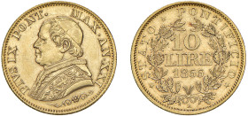 PIO IX, Giovanni Maria Mastai-Ferretti (1846-1870) - 10 lire 1866, an. XXI
Oro - 3,22 gr.
Dritto: Busto piccolo a sinistra con zucchetto, mozzetta e...