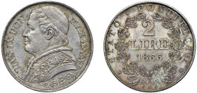 PIO IX, Giovanni Maria Mastai-Ferretti (1846-1870) - 2 lire 1866, anno XXI, II tipo
Argento - 9,97 gr. 
Dritto: Busto a sinistra con zucchetto, mozz...