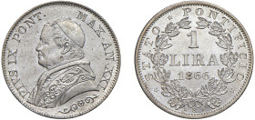 PIO IX, Giovanni Maria Mastai-Ferretti (1846-1870) - 1 lira 1866, an. XXI, II tipo
Argento - 5,00 gr.
Dritto: Busto medio a sinistra con zucchetto, ...