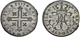 CARLO EMANUELE IV (1796-1800) - Soldo, 1797
Mistura - 2,06 gr.
Dritto: Croce piana con le estremità coronate e quattro croci mauriziane nei cantoni....