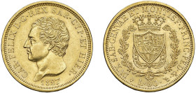 CARLO FELICE (1821-1831) - 80 lire 1827, Torino
Oro - 25,71 gr.
Dritto: Testa nuda a sinistra, nel taglio del collo A. LAVY. - Rovescio: Scudo a cuo...