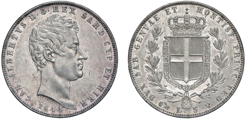 CARLO ALBERTO (1831-1849) - 5 lire 1844, Genova
Argento - 24,98 gr.
Dritto: Te...