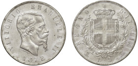 VITTORIO EMANUELE II (1861-1878) - 5 lire 1872, Milano
Argento - n.d.
Dritto: Testa nuda a destra, sotto il collo FERRARIS. - Rovescio: Stemma croci...