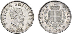 VITTORIO EMANUELE II (1861-1878) - 50 centesimi 1863, Milano
Argento - 2,51 gr.
Dritto: Testa nuda a destra, sotto al collo FERRARIS. - Rovescio: St...