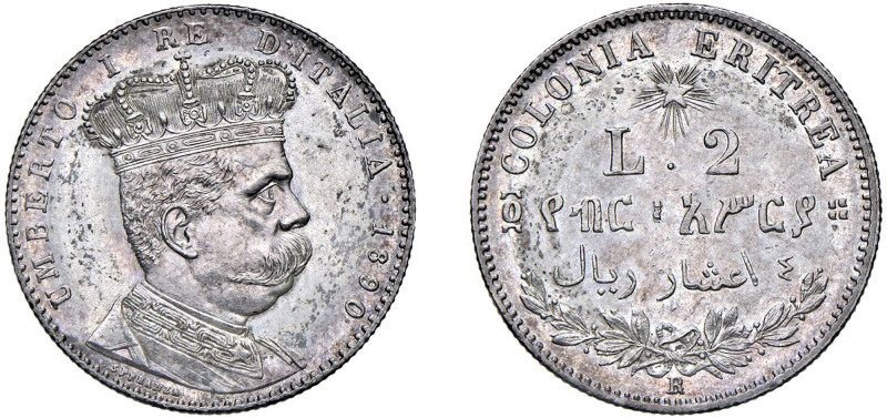 UMBERTO I, Colonia Eritrea (1890-1896) - 2 lire 1890
Argento - 9,99 gr.
Dritto...