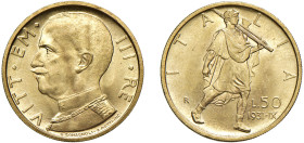 VITTORIO EMANUELE III (1900-1943) - 50 lire 1931, anno IX
Oro - 4,40 gr.
Dritto: Semibusto a sinistra in uniforme, con il Collare dell'Annunziata. -...