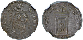 CLEMENTE VIII, Ippolito Aldobrandini (1592-1605) - Quattrino 1600, Roma
Rame - 2.85 gr.
Dritto: Stemma a targa sagomata, sormontato da da triregno e...