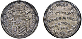 CLEMENTE XIII, Carlo Rezzonico (1758-1769) - Grosso 1762, an. IV, Roma
Argento 1,31 gr.
Dritto: Stemma a targa con piede lineare, sormontato da trir...