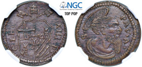 CLEMENTE XIII (1758-1769) - Quattrino s.d., Gubbio
Rame - 2,43 gr.
Dritto: Stemma a targa poligonale sormontato da triregno e chiavi decussate parzi...
