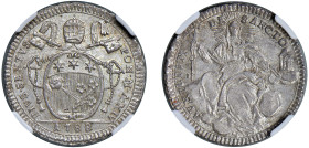PIO VI, Giovanni Angelo Braschi (1775-1799) - Quinto di scudo 1788, an. XIV, Roma
Argento - n.d.
Dritto: Stemma ovale sormontato da triregno e chiav...