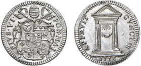 PIO VI, Giovanni Angelo Braschi (1775-1799) - Grosso 1775, an. I, Roma
Argento - 1,30 gr.
Dritto: Stemma oblungo sormontato da triregno e chiavi dec...