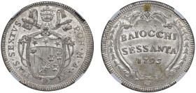 PIO VI, Giovanni Angelo Braschi (1775-1799) - 60 baiocchi 1795, an. XXI, Roma
Mistura - n.d.
Dritto: Stemma semiovale sormontato da triregno e chiav...