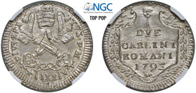 PIO VI, Giovanni Angelo Braschi (1775-1799) - 2 carlini 1795, I riduzione, an. XXI, Roma
Mistura - 5,68 gr.
Dritto: Chiavi decussate con doppi cordo...